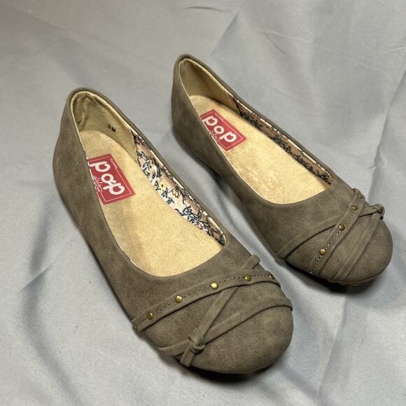 POP W 3M Faux Suede GAZER Ballet Flats Slip On Distressed Braided Strap Brown - Picture 2 of 9